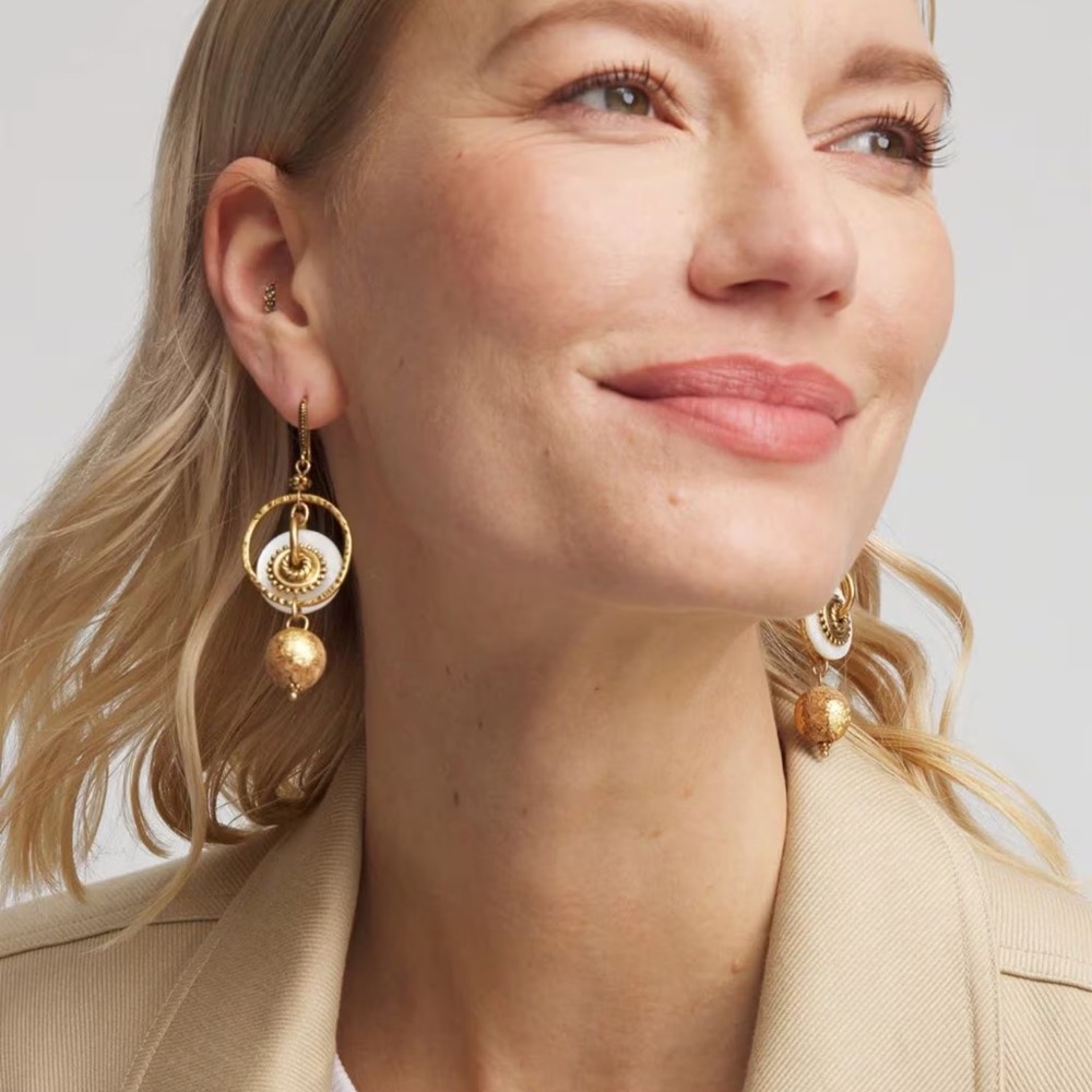Chico’s White and Gold medallion drop earrings new